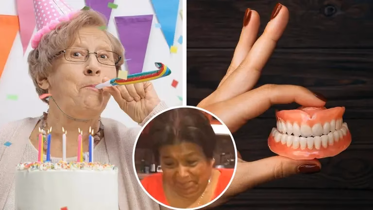 ¿Por qué una adulta mayor se prepara para dar la mordida a su pastel de cumpleaños?