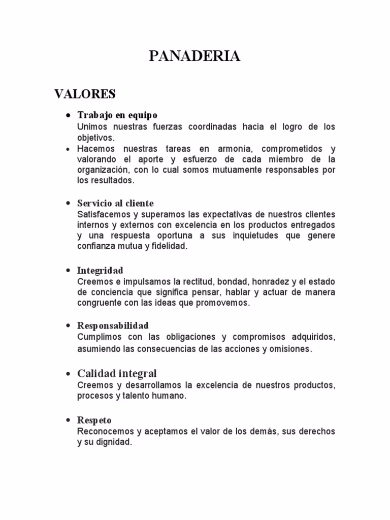 ¿Cuáles son los valores de pastelería Santa Elena?